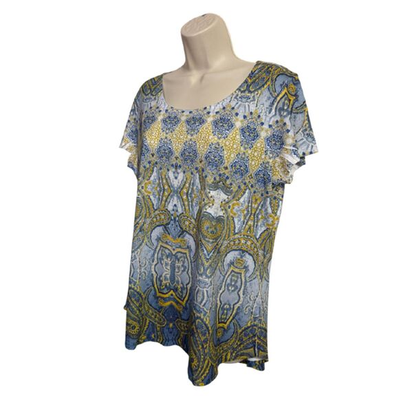 One World Live and Let Live Blue Paisley Short Sleeve Top Size L - Picture 4 of 11